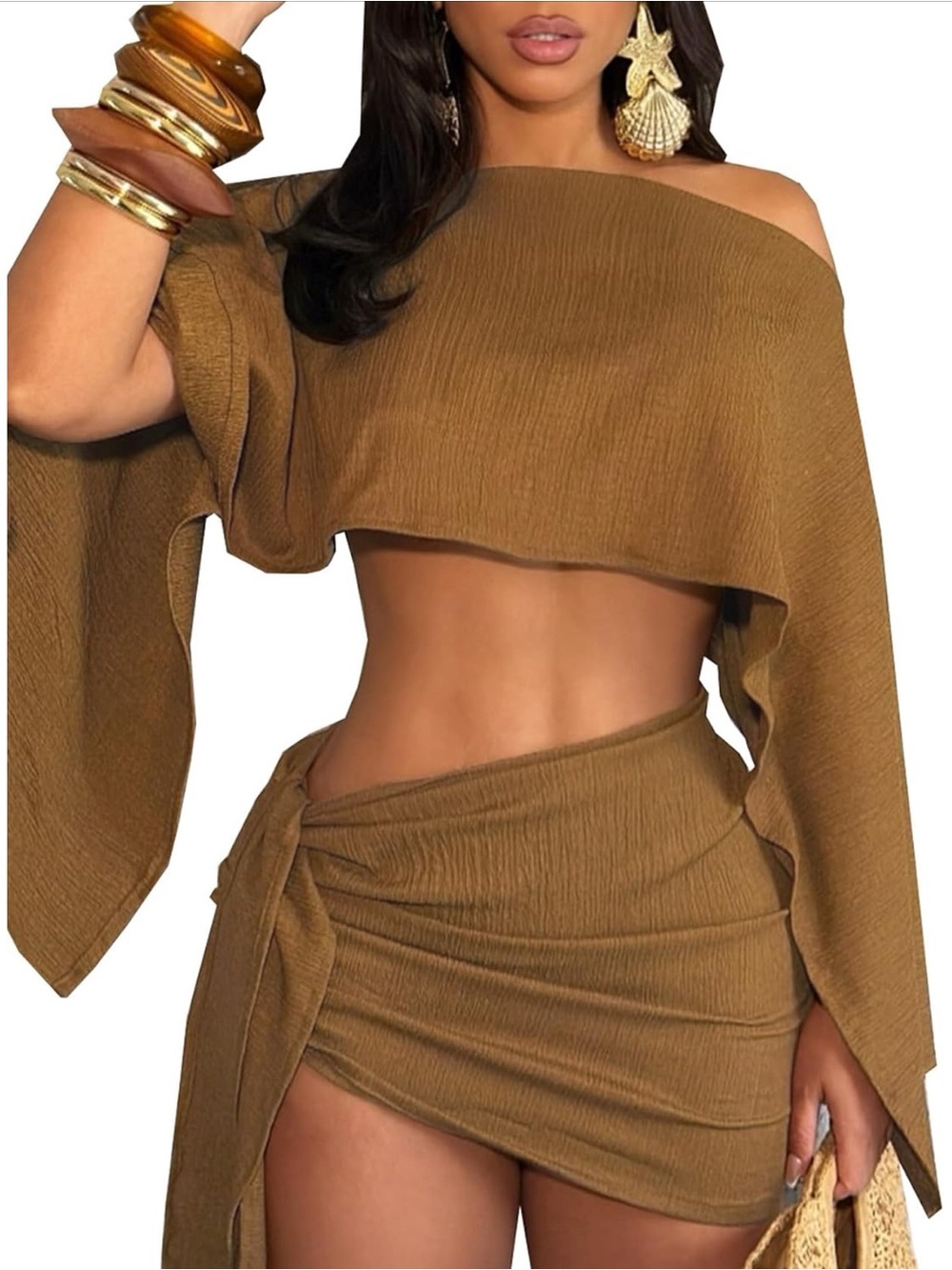 Off-Shoulder Mini Dress in Brown - Chic Two-Piece Set